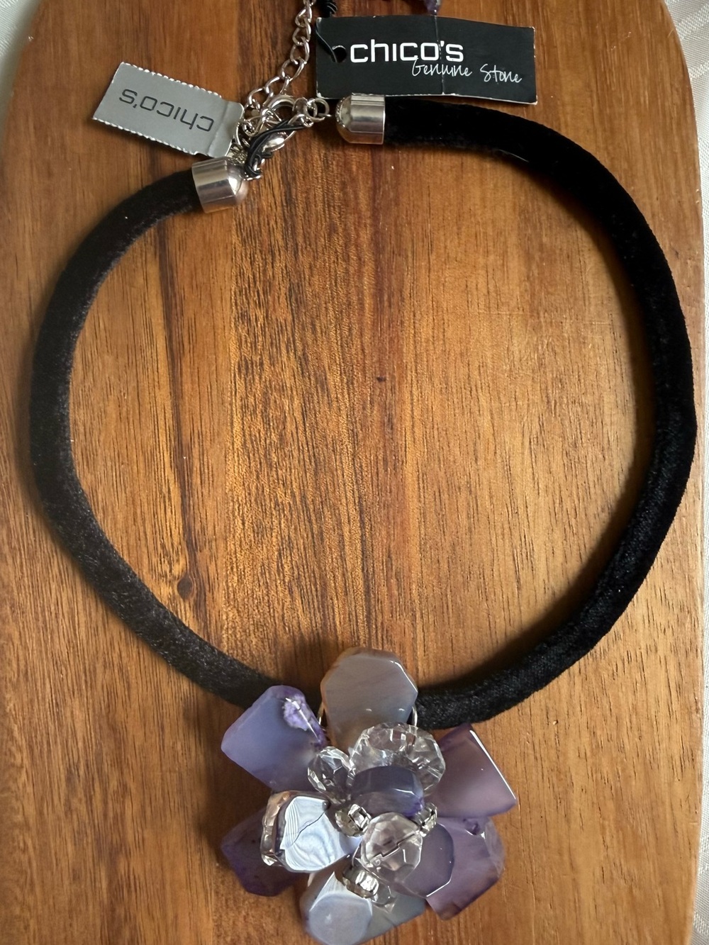 New Chico's Black Velvet Choker with Lavender Flower Gemstone Cluster Floral